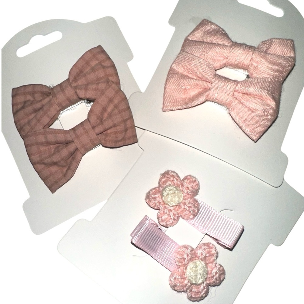 Crochet and Fabric Pink Bow and Flower Hair Clip Set